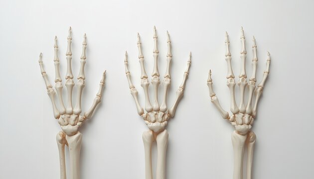 Realistic human hand skeletons arranged in a clean row isolated against a bright white background showing detailed bone anatomy structures