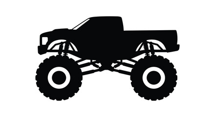Monster truck vehicle is depicted as a black silhouette against a white background © MDSAJIB