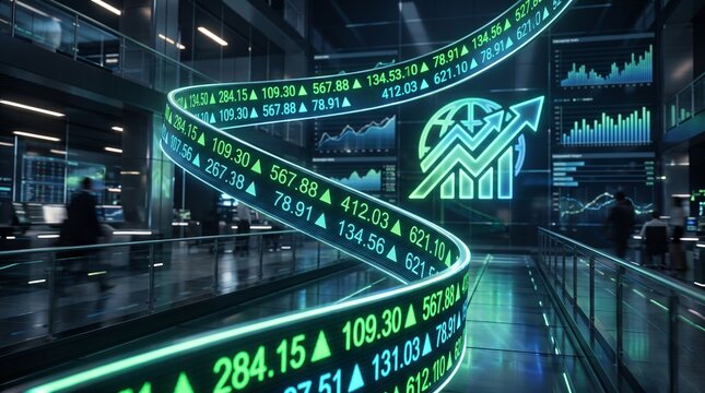 Digital Stock Market Data Stream: A dynamic visual representation of a digital stock market trading floor, with glowing green numbers and charts flowing in a continuous stream.
