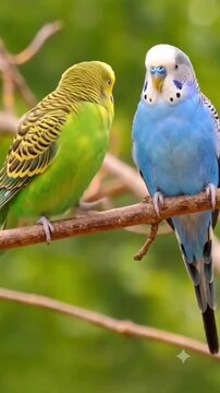Two colorful parakeets perch together gracefully on a thin wooden branch with lush green foilage softly blurred in the bright natural outdoor daylight background.
