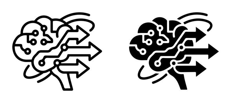 Artificial Intelligence Brain Icons, Digital Circuitry and Forward Arrows, AI Technology Concept, Machine Learning Data Flow