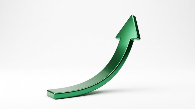 Green Upward Arrow: A sleek, metallic green arrow curves upwards, symbolizing growth, progress, and positive momentum in finance or business.