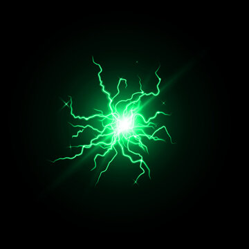Bright green electric lightning bolt discharge isolated on a black background for digital design and special effects