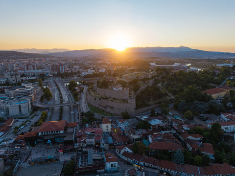 Evening view of Macedonia Square and Stone Bridge in Skopje, North Macedonia, drone photo
