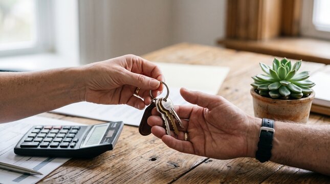 Handing over keys to a new home: A close-up shot captures a moment of transition as one hand passes a set of keys to another, symbolizing a new beginning and a significant life event.