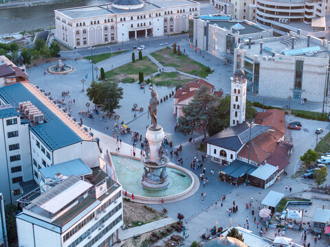 Evening view of Macedonia Square and Stone Bridge in Skopje, North Macedonia, drone photo