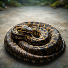 Obraz premium Wildlife conservation and biodiversity, coiled python snake on stone ground in natural habitat for environmental research and zoology education study