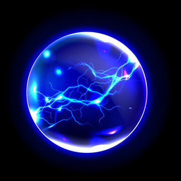 Glowing blue orb with lightning inside on a dark black background