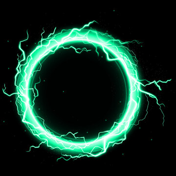 Electric energy circle with glowing turquoise lightning bolts on a dark black background