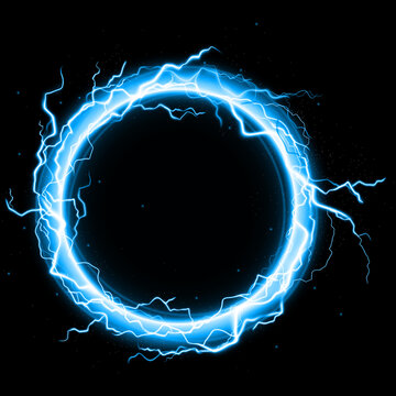 Electric circle of bright blue lightning bolts against a dark black background