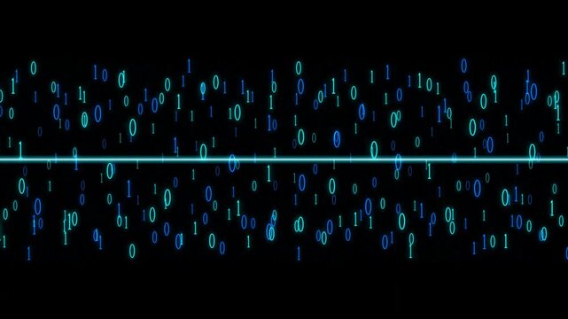 Blue binary code data stream with a glowing horizontal neon laser line on black background