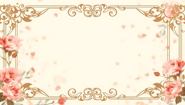 Elegant Gold Foil Frame Border with Soft Pink Flowers and Subtle Hearts