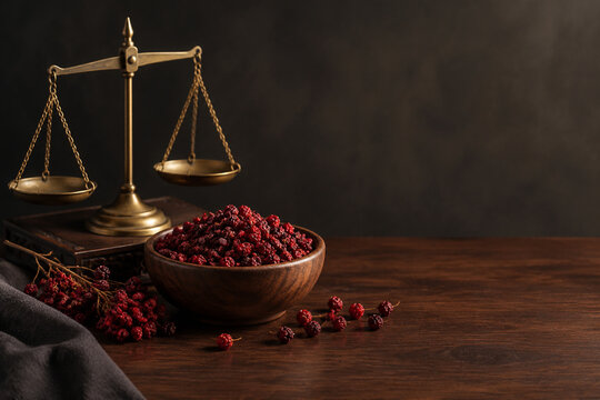 Dried schisandra berries and brass balance scale on walnut counter, traditional apothecary concept