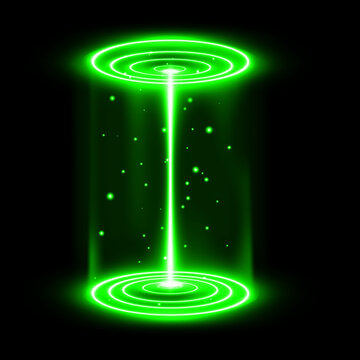 Glowing green energy portal with light beams and floating particles isolated on a black background