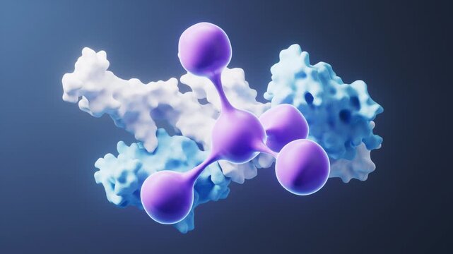 Purple Molecular Compound Interacting with Blue Biological Protein in 3D Biochemistry and Drug Discovery Animation