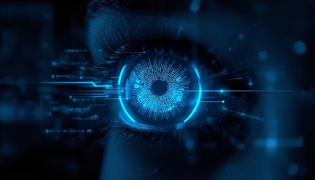 Human eye featuring complex glowing blue digital iris overlay representing advanced biometric security scanning technology in a dark futuristic environment