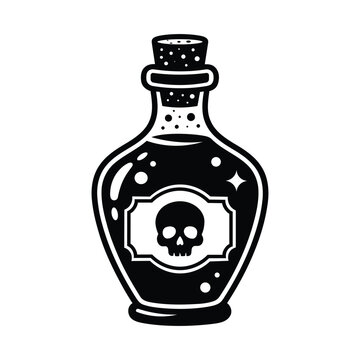 Black and white poison bottle with skull label silhouette for danger and toxic metaphor