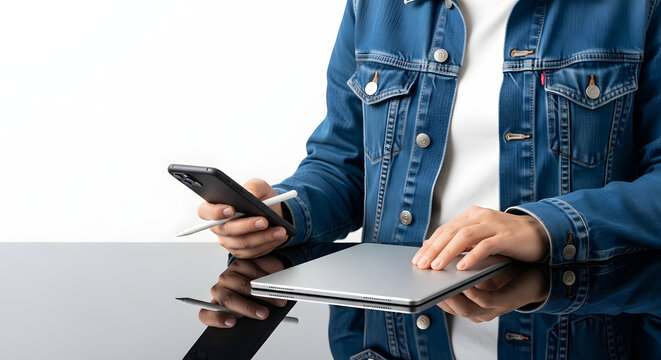 Person sitting at a table using a mobile phone and a digital tablet for multitasking and digital creativity in a modern professional workspace