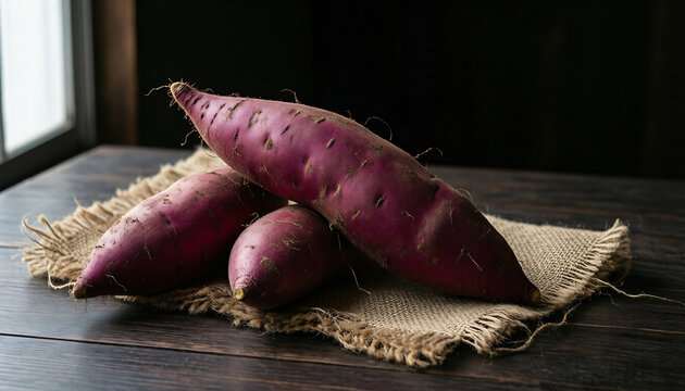 Fresh Japanese Sweet Potatoes on Dark Wooden Table