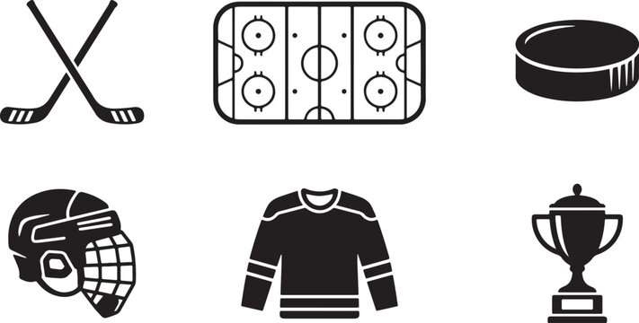 Ice Hockey Equipment Vector Set &ndash; Hockey Sticks, Puck, Helmet, Jersey, Gloves and Trophy Icons