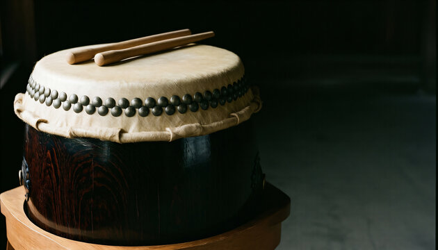 Japanese Taiko Drum with Bachi Sticks on Dark Background