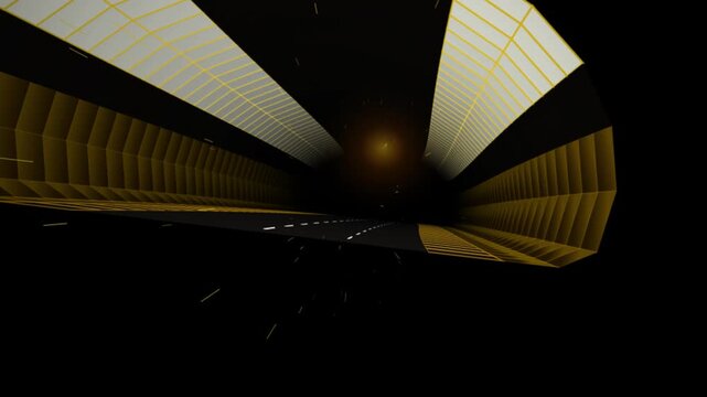 Futuristic Golden Geometric Tunnel Animation with Glowing Particle Effects on Dark Tech Background