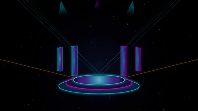 Futuristic Neon Podium Stage with Glowing Blue Lights and Pillars in a Dark Sci Fi Cyber Environment