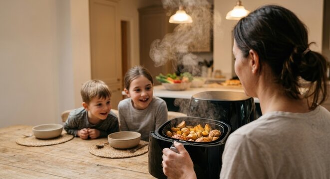 Family eagerly watches food cook in air fryer in a cozy kitchen setting