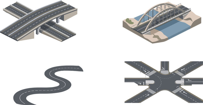 Isometric Road Infrastructure Set Featuring Highway Overpass Bridge Curved Road and Urban Intersection