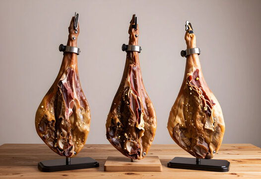 Gourmet food and culinary tradition, three whole cured iberico ham legs on display stands for luxury dining and premium restaurant menu presentation
