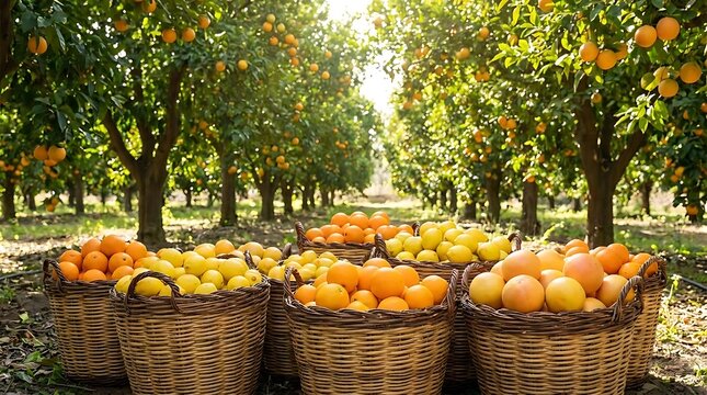 Baskets of fresh oranges in a sunny citrus grove.