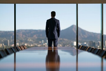 Obraz premium Business executive standing at a boardroom table by floor to ceiling windows with mountain cityscape beyond for corporate office background and leadership banner