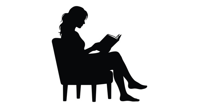 Woman sitting in armchair reading a book black silhouette