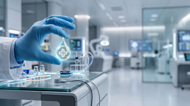 Gloved hand holds a glowing holographic droplet with a medical cross symbol inside a bright modern clinical research laboratory environment
