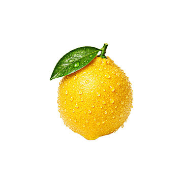 A single fresh yellow lemon with a green leaf and water droplets isolated on white background