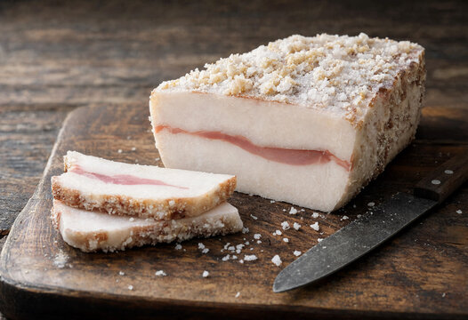 Salted Pork Fatback Salo Slices Cured Meat Wooden Board Knife