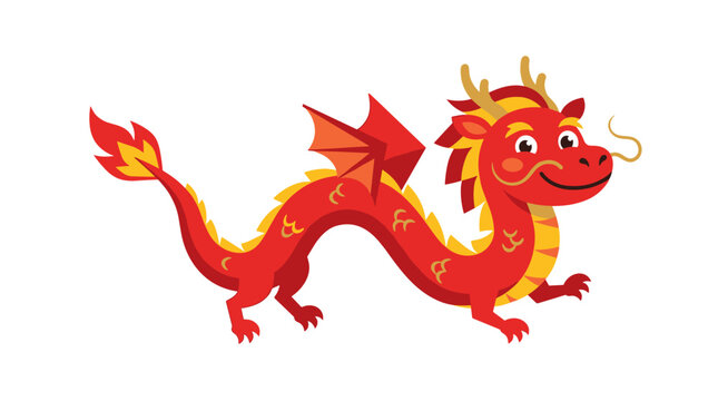 A cute, flat vector illustration of a friendly red Chinese dragon with yellow accents and wings
