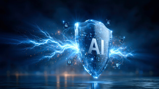 AI protection shield glowing with electric data streams conveying cybersecurity confidence and advanced intelligent defense