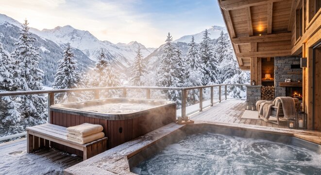 Luxury chalet wooden terrace with outdoor steaming hot tubs against winter mountain landscape