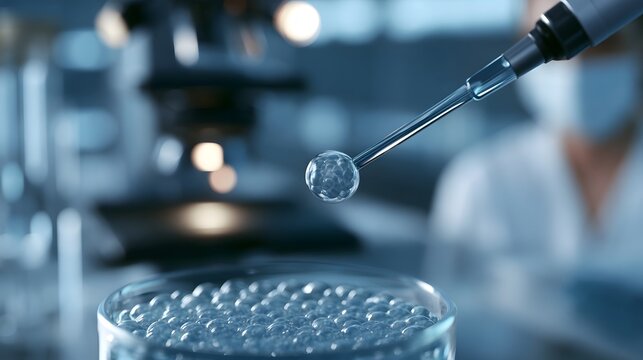 A pipette carefully holds a single cell above a petri dish filled with similar cells in a sterile laboratory environment