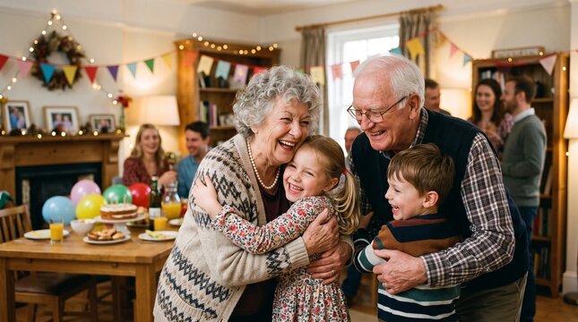 Joyful multi-generational family celebrating a special occasion with hugs and laughter at home