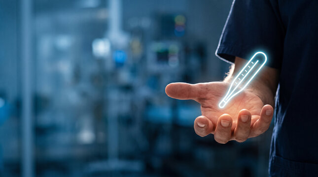 Medical professional holding glowing digital thermometer icon above palm demonstrating advanced healthcare diagnostic technology in professional clinical hospital room environment setting