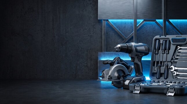 Modern Power Tools Including Drill Circular Saw and Tool Kit with Wrenches and Screwdrivers on Dark Background