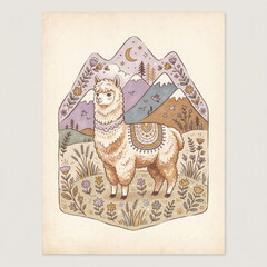 Fototapeta premium Sweet Fluffy Alpaca with Saddle Blanket and Mountain Flowers Frame