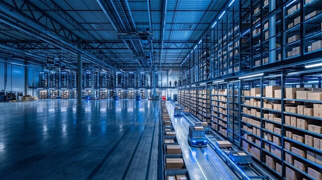 Modern automated warehouse interior with autonomous robots moving boxes on conveyor belts and shelves full of products