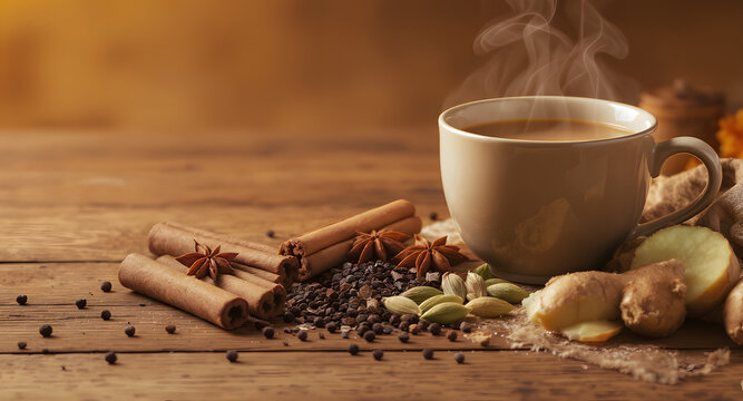 A hot steaming cup of traditional masala chai tea on a rustic wooden table surrounded by fresh aromatic spices like cinnamon, star anise, ginger, and cardamom for National Chai Day.