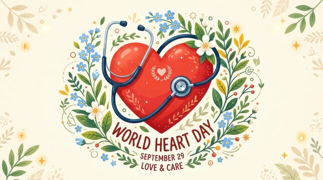 World heart day illustration with stethoscope on red heart and greenery