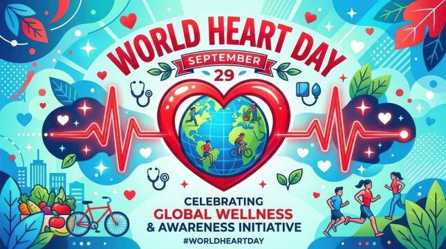World heart day illustration with wellness icons and globe in red heart