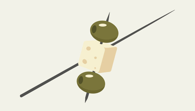 Appetizer skewer with two green olives and a single cube of white feta cheese on a simple toothpick against a neutral background.