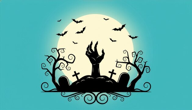An eerie Halloween background with a zombie hand rising from a cemetery grave under a full moon with flying bats and spooky trees